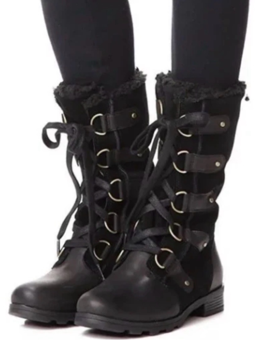 Sorel Emelie Lace Waterproof Mid-Calf Boots - Black Leather & Suede Size 7